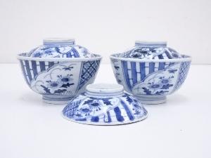 明治期　伊万里焼　染付花鳥文蓋茶碗2客